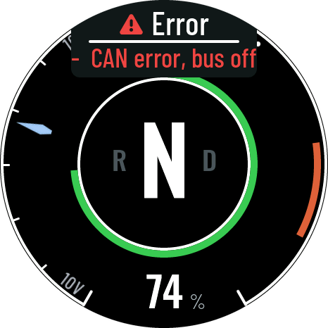 Driving screen with the error card reading CAN error, bus off