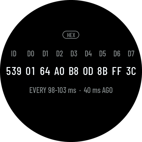 CAN data screen: ID D0 to D7 as a heading, under it 539 01 64 A0 B8 0D 8B FF 3C, and DLC 8 · 10/s