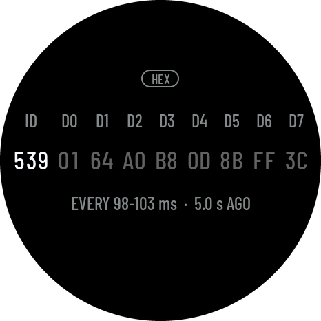 CAN data screen with the bytes greyed and NO FRAME FOR 5 s under them