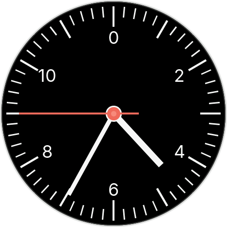 Bauhaus (clock): white hands at about 16:34 and a red second hand on a black face