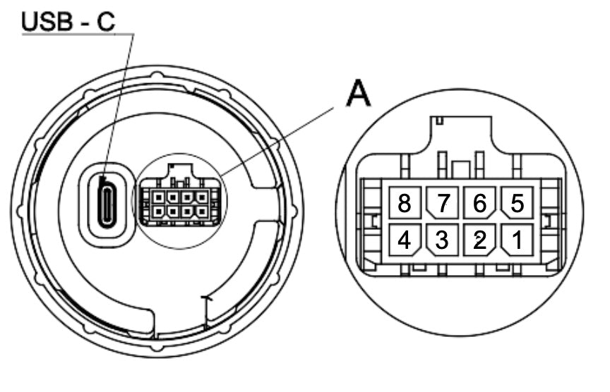 Back of the display: USB-C port and the 8-pin connector, pins 5 to 8 on top and 1 to 4 below