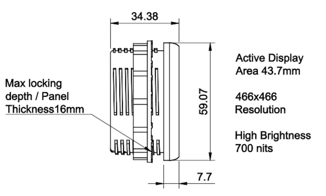 Side view: 34.38 mm deep, 59.07 mm bezel diameter, 7.7 mm in front of the panel, panels up to 16 mm