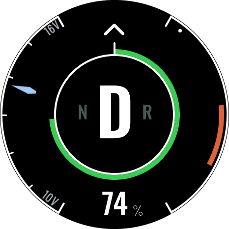 Sport (dash) driving screen: gear D, 74 % charge, the power bar on the right, the 12 V gauge on the left