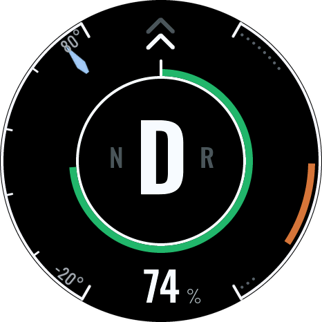 Driving screen: gear D, 74 % charge, torque bar on the right, temperature on the left