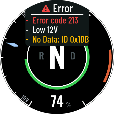 Sport (dash) driving screen with an error card at the top reading Error code 213, Low 12V and No Data: ID 0x1DB