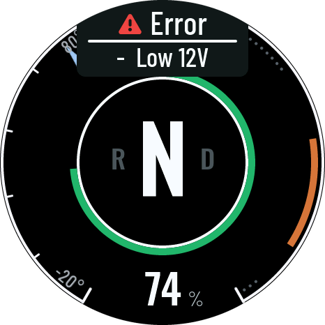 Driving screen with an error card at the top reading Low 12V