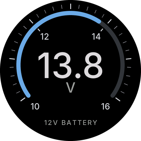 Glass (one): a blue arc from 10 to 16, 13.8 V in large figures, 12V BATTERY at the bottom