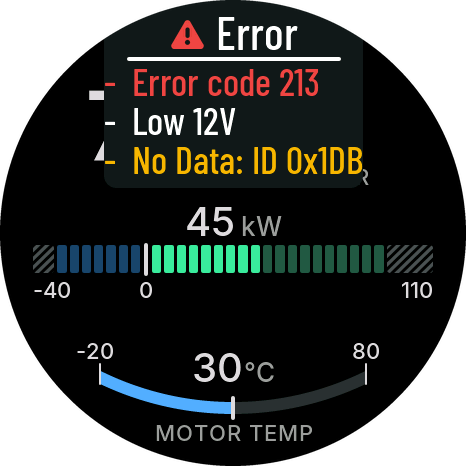 Glass (dash) driving screen with the same error card at the top: Error code 213, Low 12V and No Data: ID 0x1DB