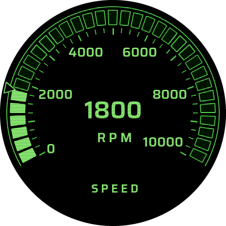 Phosphor (one): green segments round the edge, 1800 RPM in green figures, SPEED