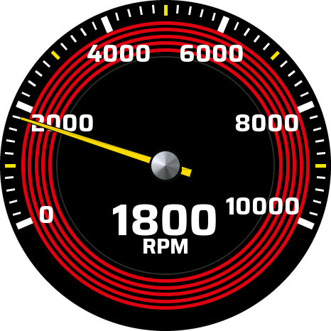Sport (one): a yellow needle over a red-ringed dial, 0 to 10000, 1800 RPM in large figures