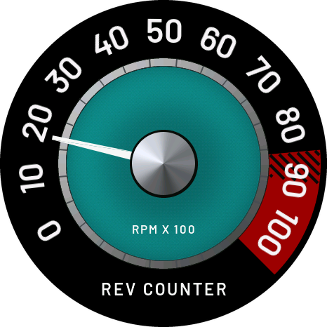 Vintage (one): a teal dial with a red zone at the top end, 0 to 100, REV COUNTER