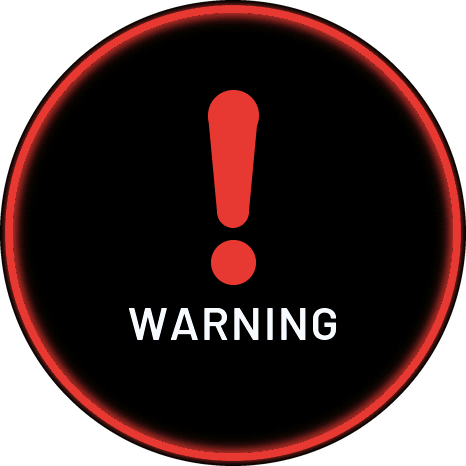 Warning screen: a red ring round the edge, a large red exclamation mark and WARNING under it